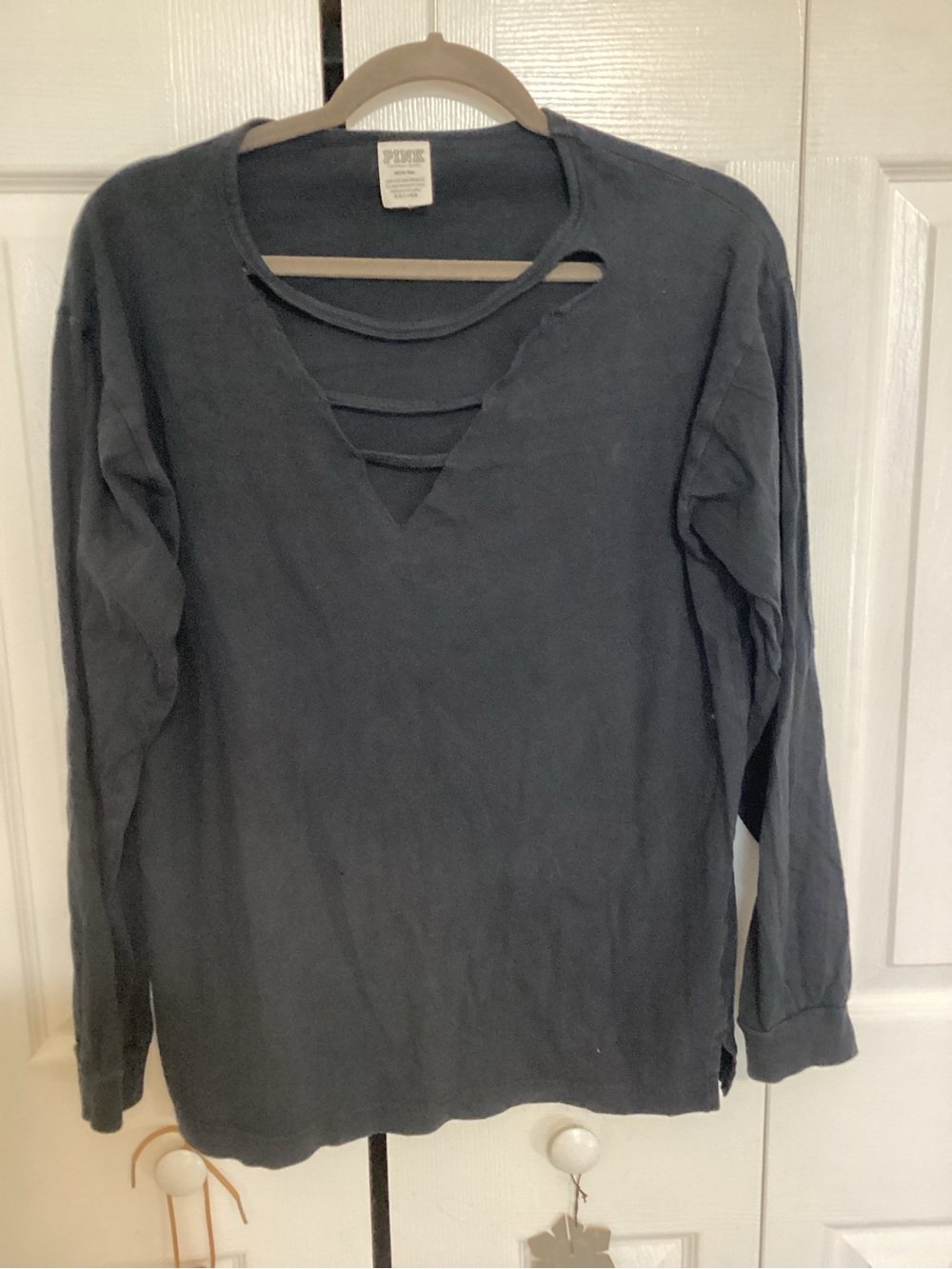 Victoria's Secret PINK Charcoal Gray Long Sleeve V-Neck Top with Strap Detail